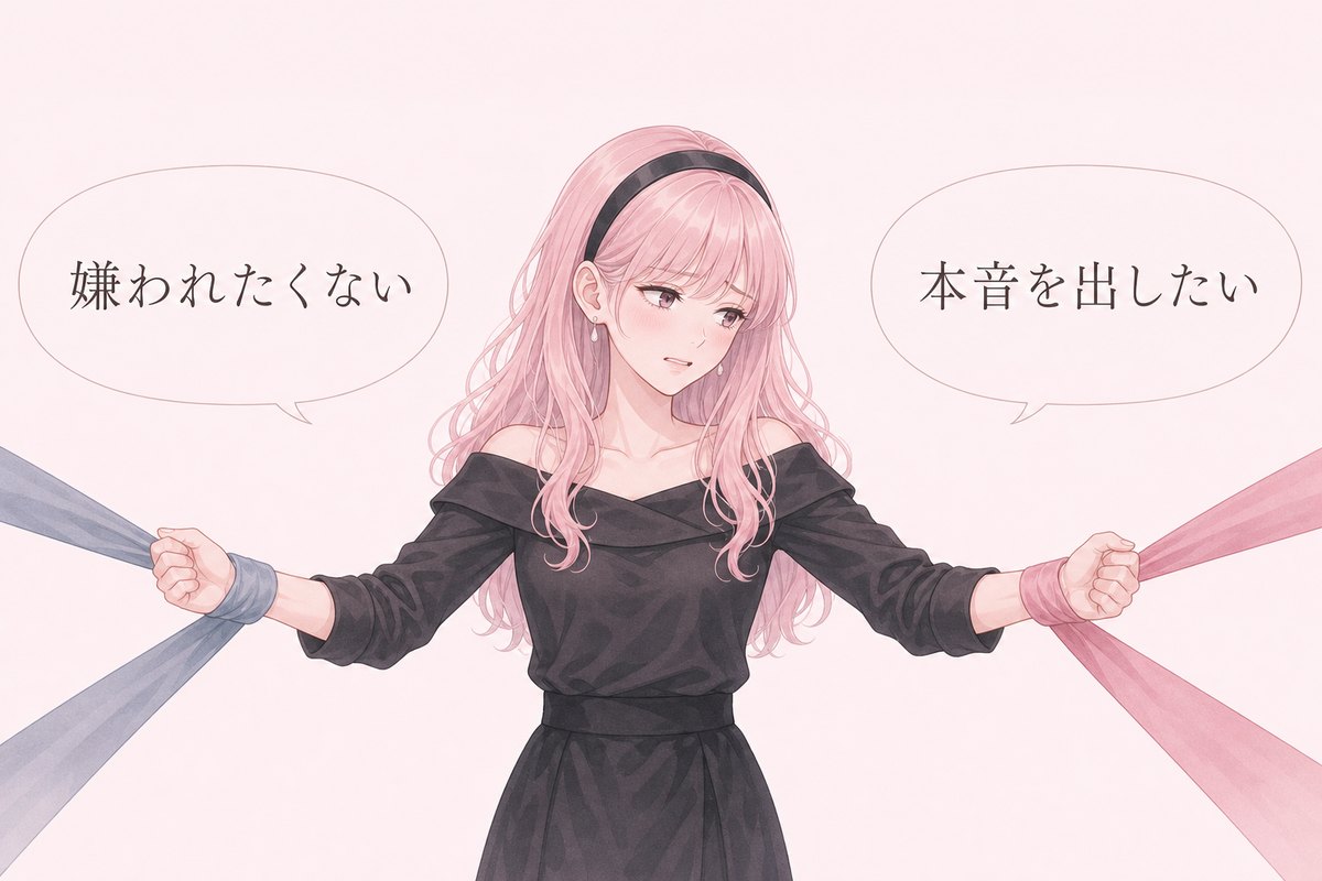 「嫌われたくない」と「本音を出したい」の2つの気持ちに引っ張られている図