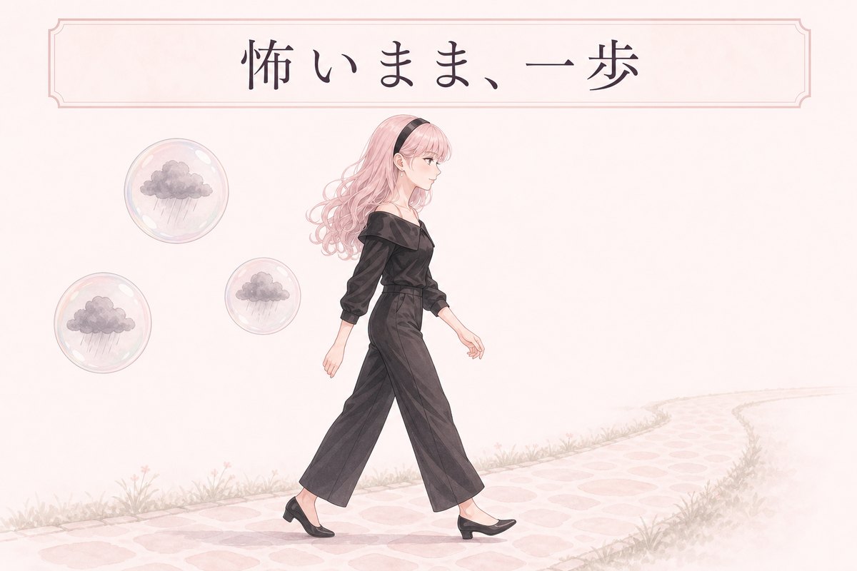 怖いまま、一歩あるき出す図