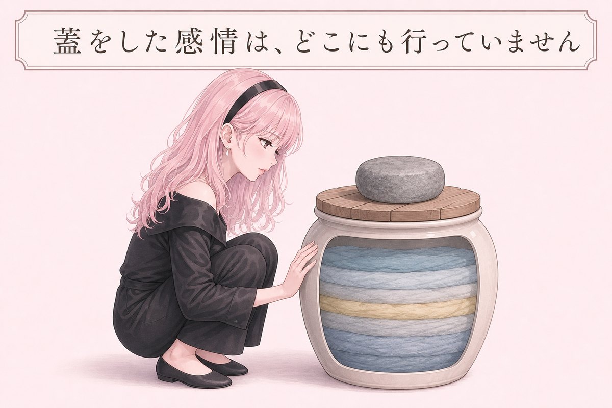 蓋をした感情は、どこにも行っていません。心の壺の中に層になって残り、上に漬物石がのっている図