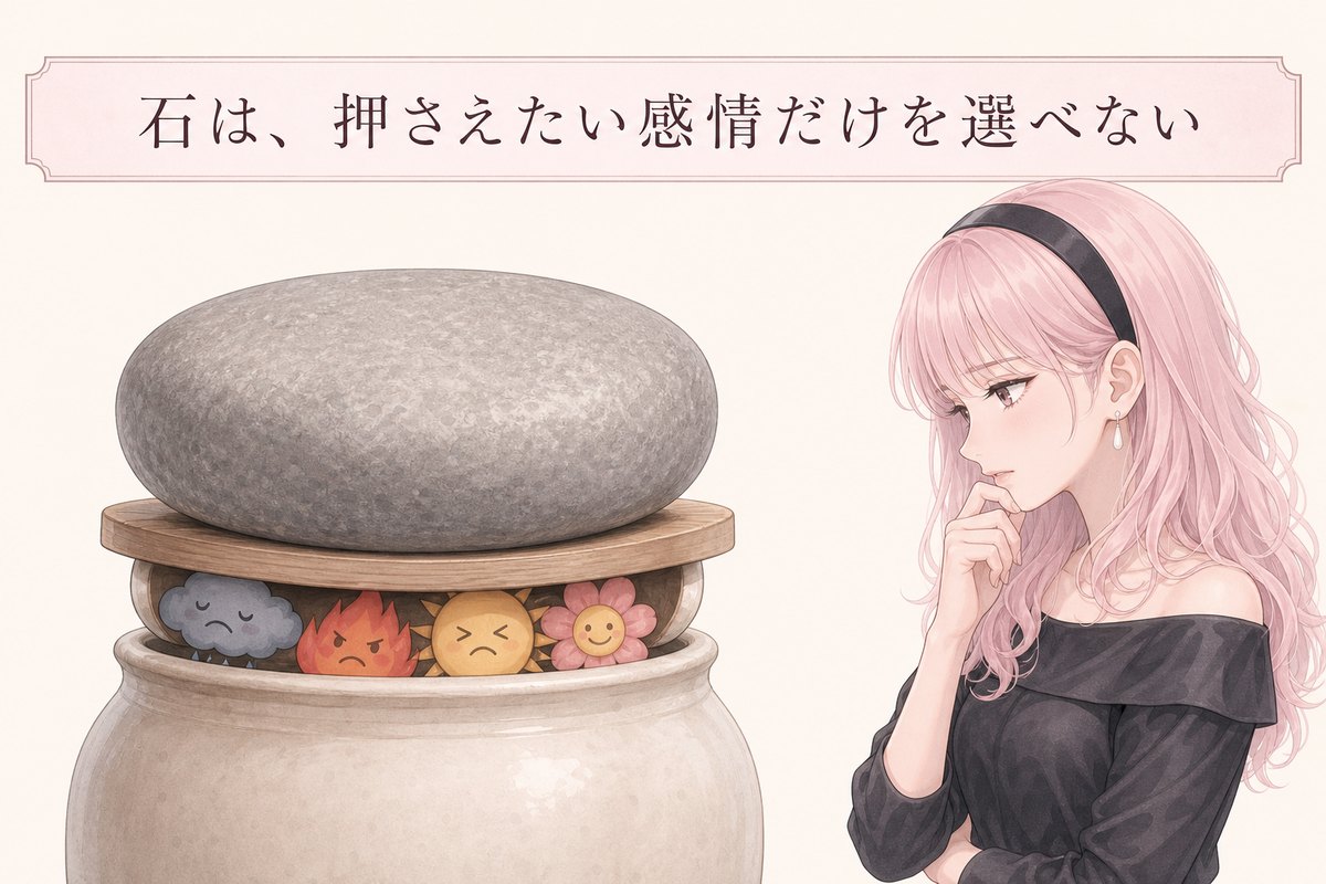 石は、押さえたい感情だけを選べない。悲しみや怒りといっしょに、うれしさや楽しさも押さえてしまう図