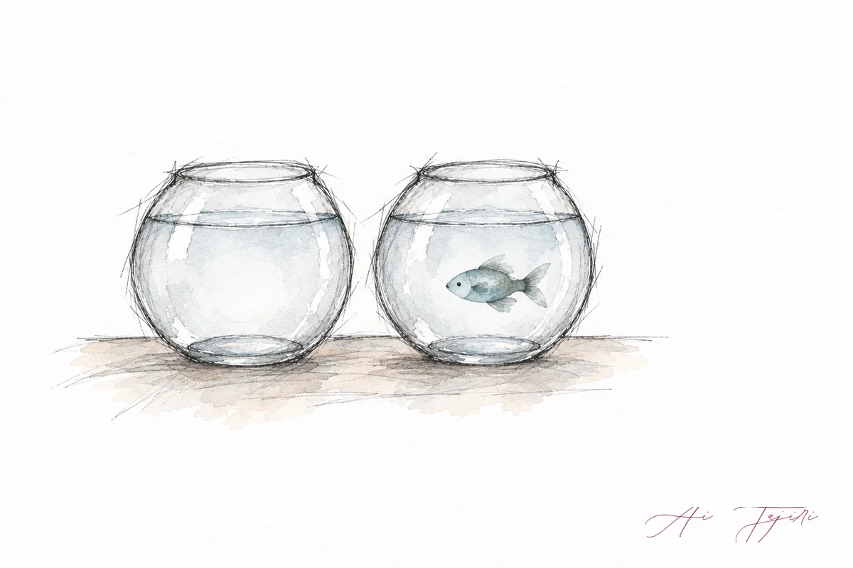 机の上に並んだ2つの金魚鉢と、片方にだけいる小さな魚1匹のスケッチ