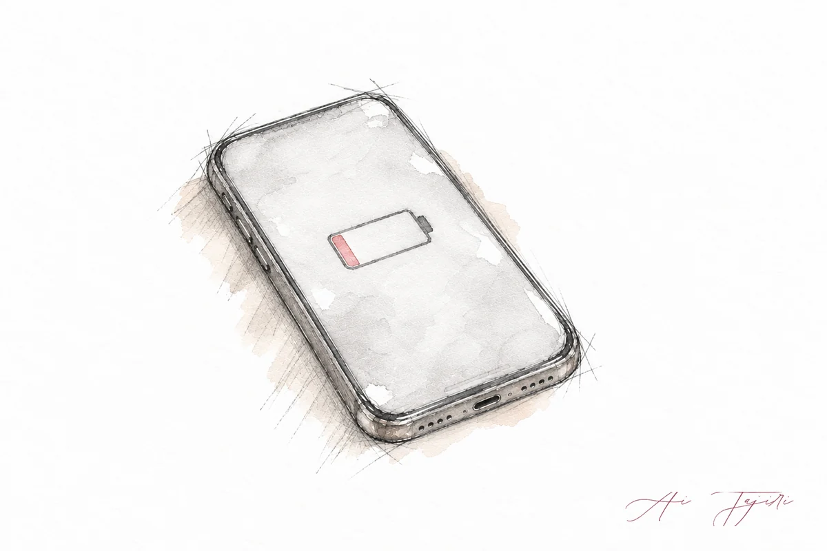 机に置かれた、電池残量がわずかなスマホ