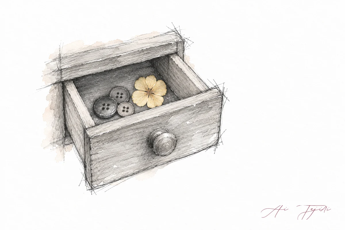少し開いた古い木の引き出しの奥に押し花が見えるスケッチ