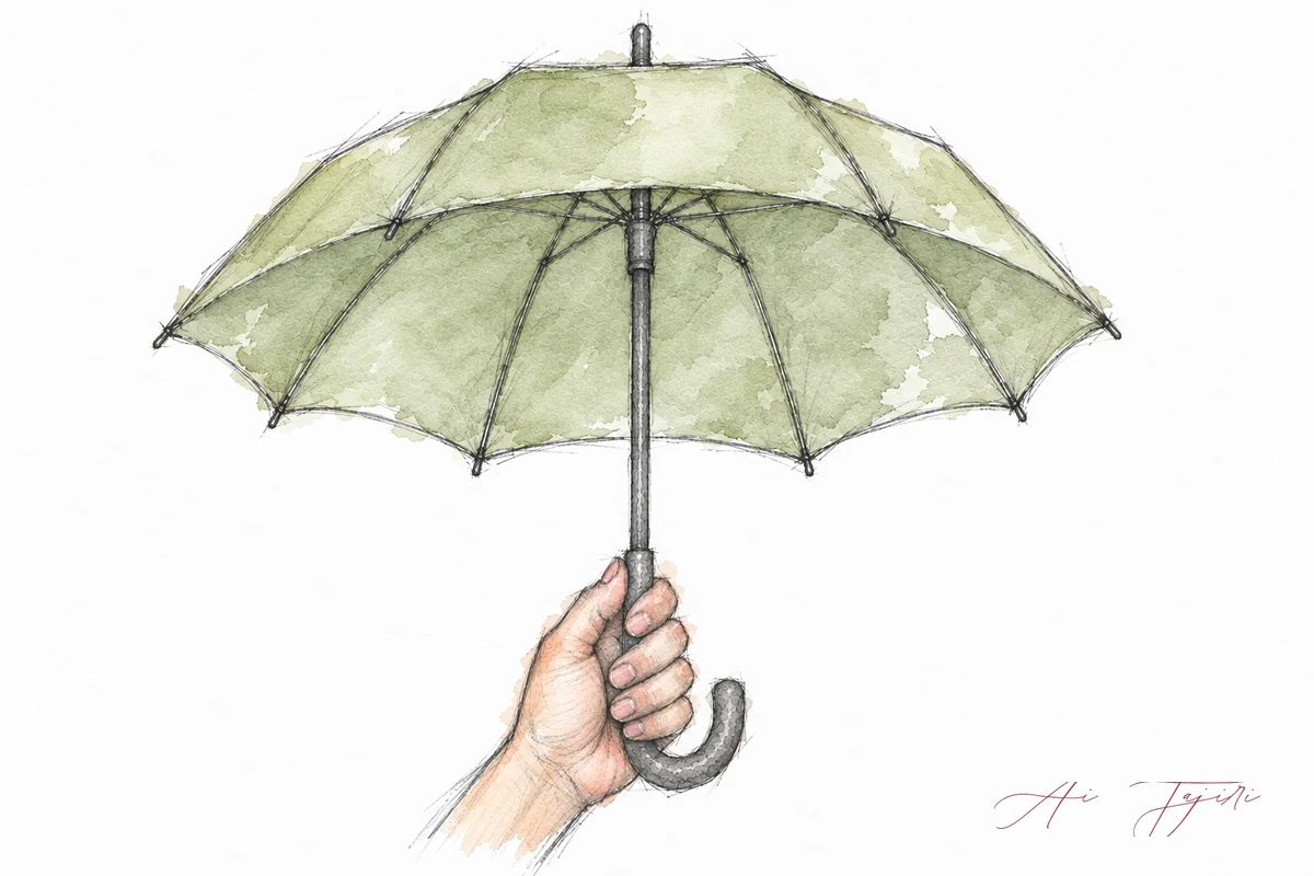 細い雨の中で開いた傘を持つ手