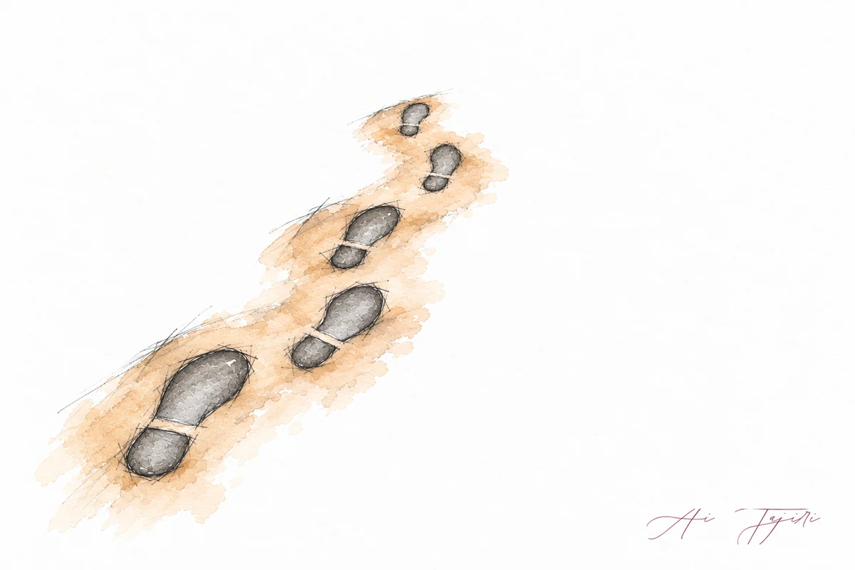 白い紙に、歩いてきた足あとの分だけ道が描かれたスケッチ