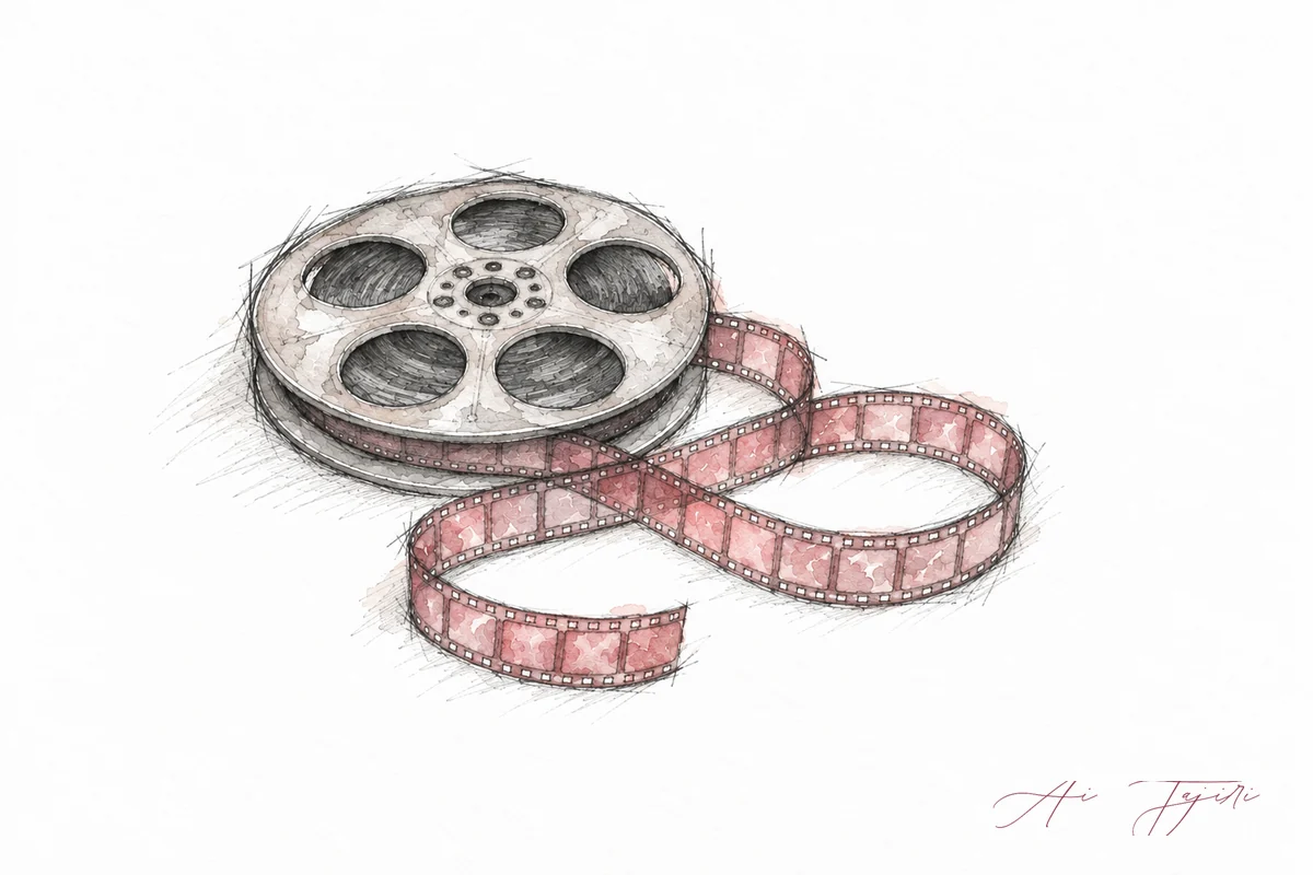 フィルムリールからほどけたフィルムがゆるい輪を描いて床にあるスケッチ