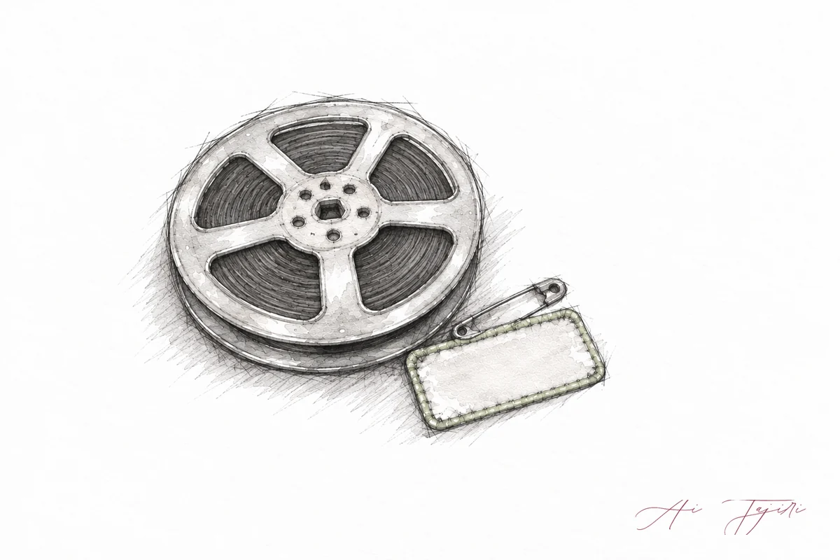 フィルムを巻き戻したリールの横に白紙の布の名札が添えられたスケッチ
