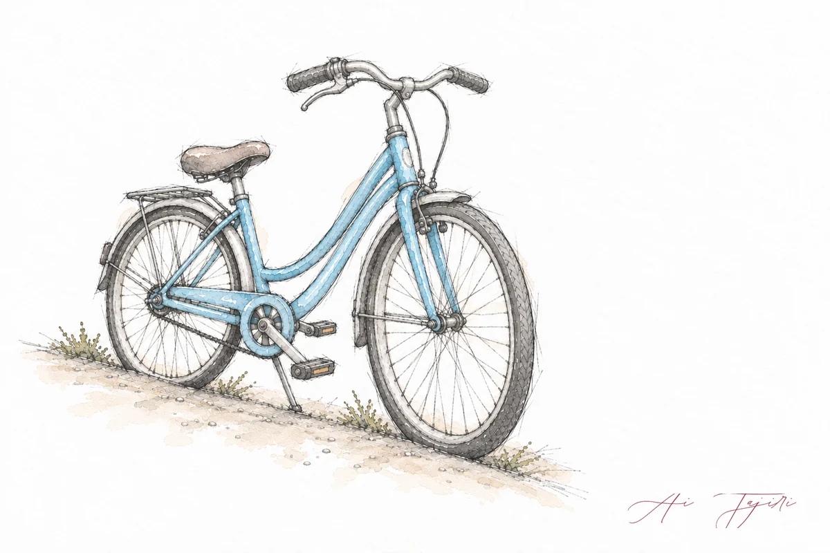 ブレーキが効いて坂の手前に止まっている古い自転車のスケッチ