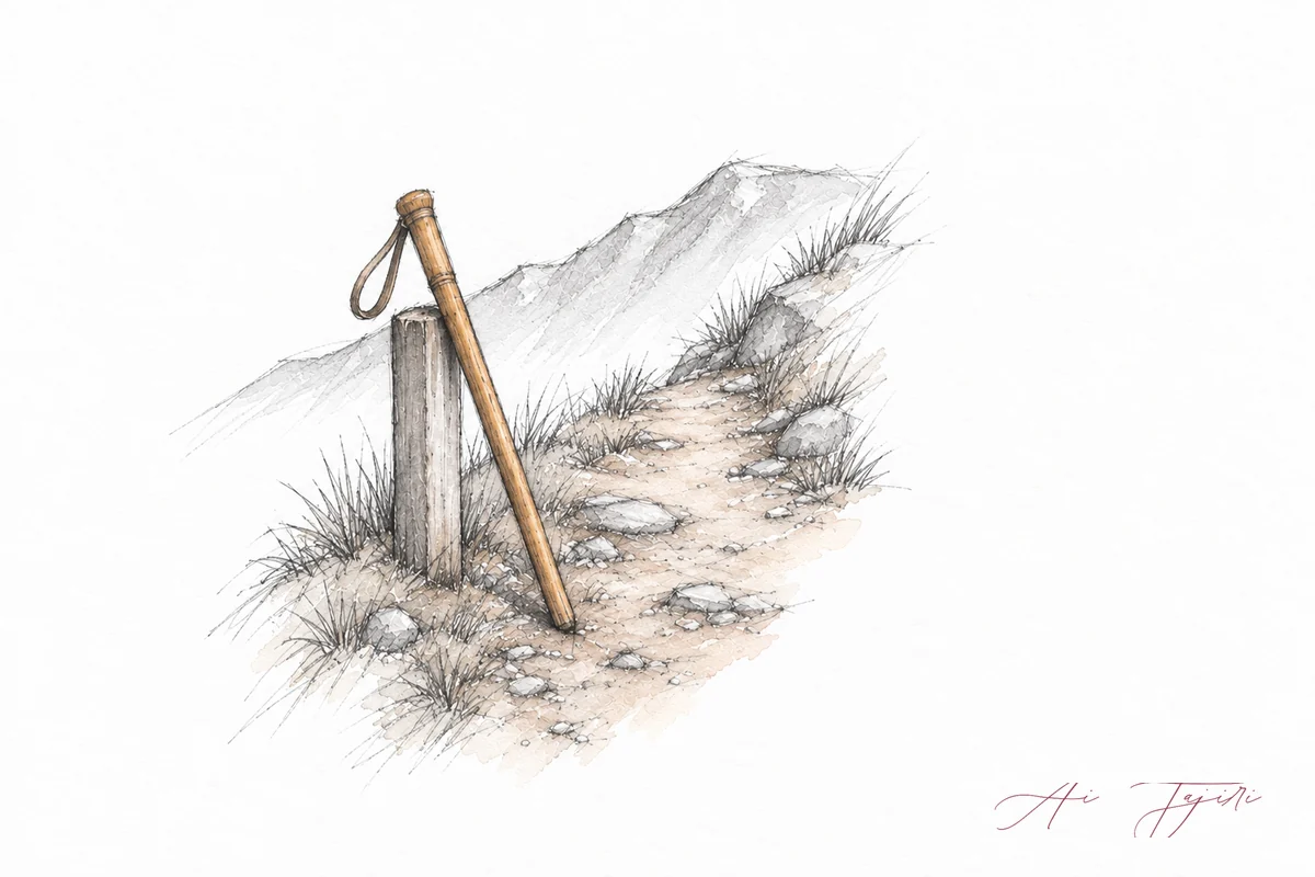 淡い山の稜線を背に、山道の途中の木の杭に登山杖が1本立てかけてあるスケッチ