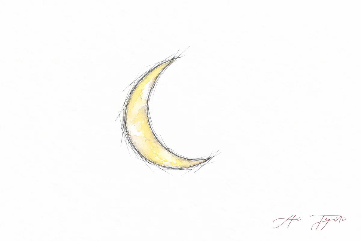紙の真ん中に鉛筆で描いた細い三日月のスケッチ