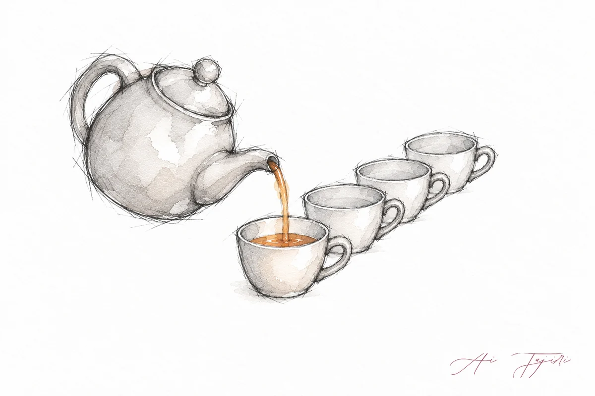 ポットから並んだ4つのカップへお茶を注いでいるスケッチ